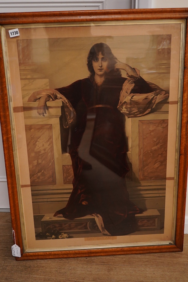 A set of three maple framed 19th century prints comprising 'Blind man's buff', 'Rent day' and 'The Village Festival' together with two others 'Day Dream' and 'Bound for Trafalgar Bay', largest 57 x 81cm